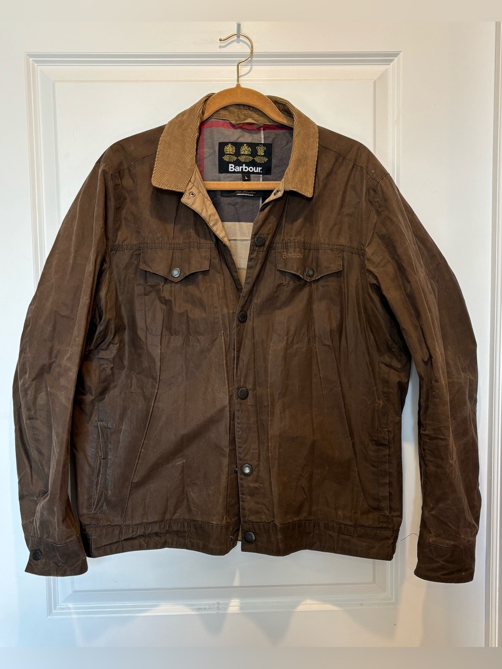 Barbour Lightweight Waxed Jacket L Brown Men's Bogart Trucker Sam Heughan Coat